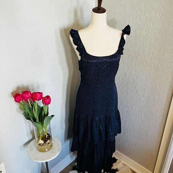 LIKELY Animal Print Tiered Midi Dress,‎ Navy/Blue, Size 6, ADJUSTABLE STRAP, NWT - Picture 1 of 12